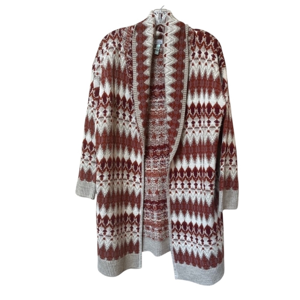 Rust Cream Geometric Long Cardigan Medium Western Boho Cabincore Duster
